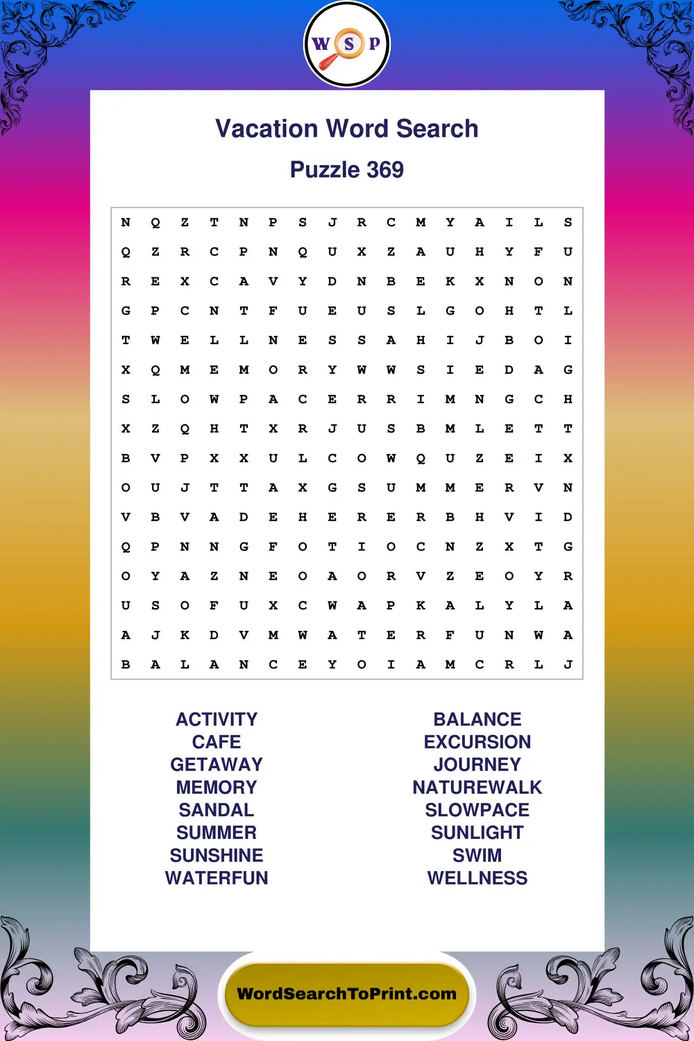 Vacation Word Search Puzzle 369