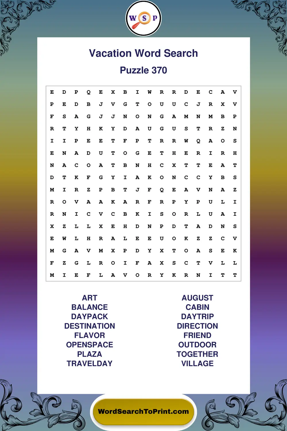 Vacation Word Search Puzzle 370