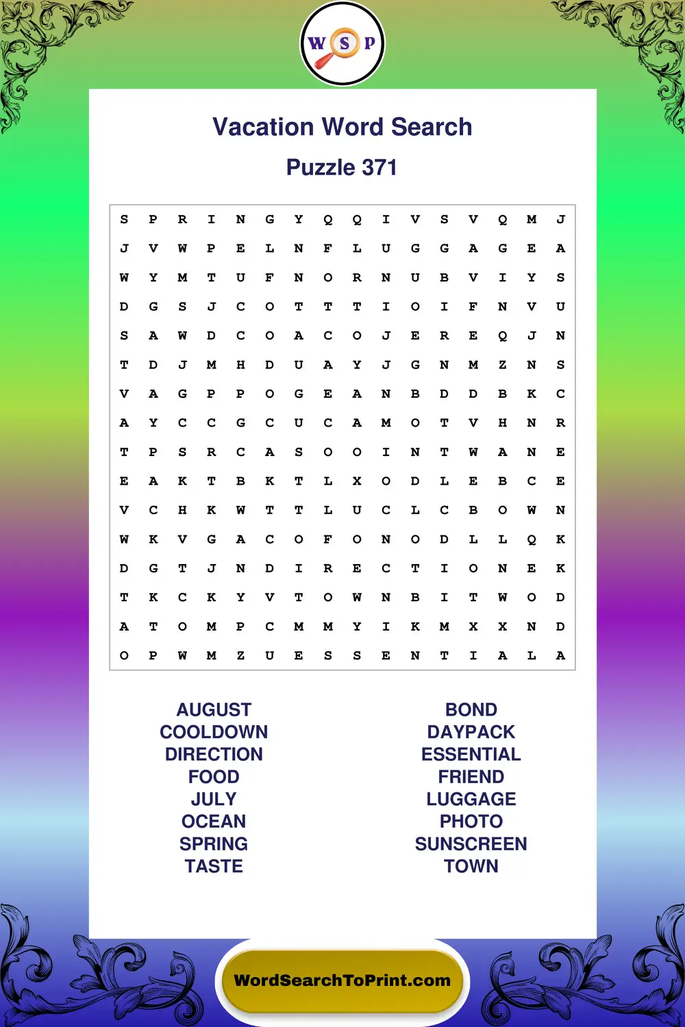 Vacation Word Search Puzzle 371