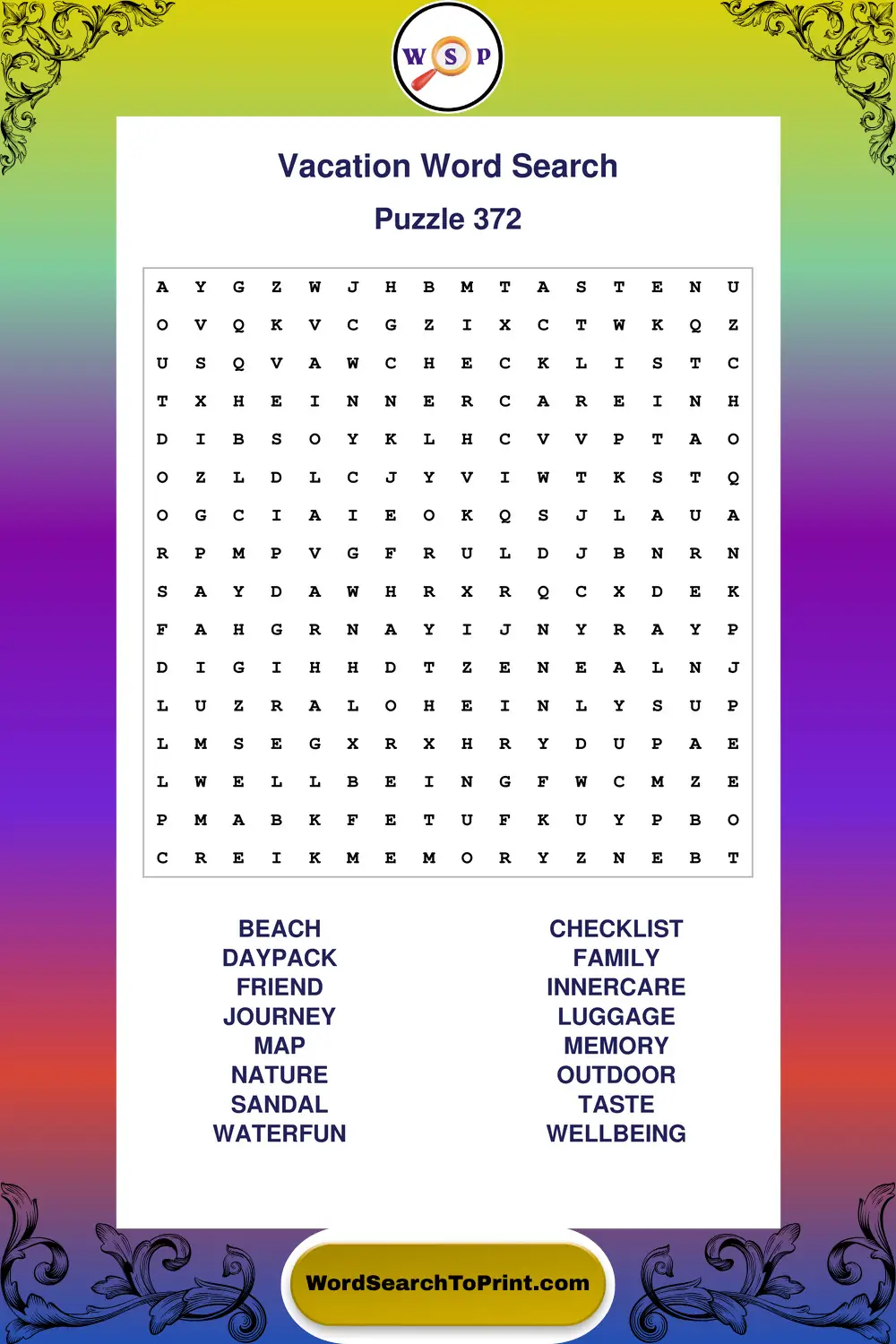 Vacation Word Search Puzzle 372