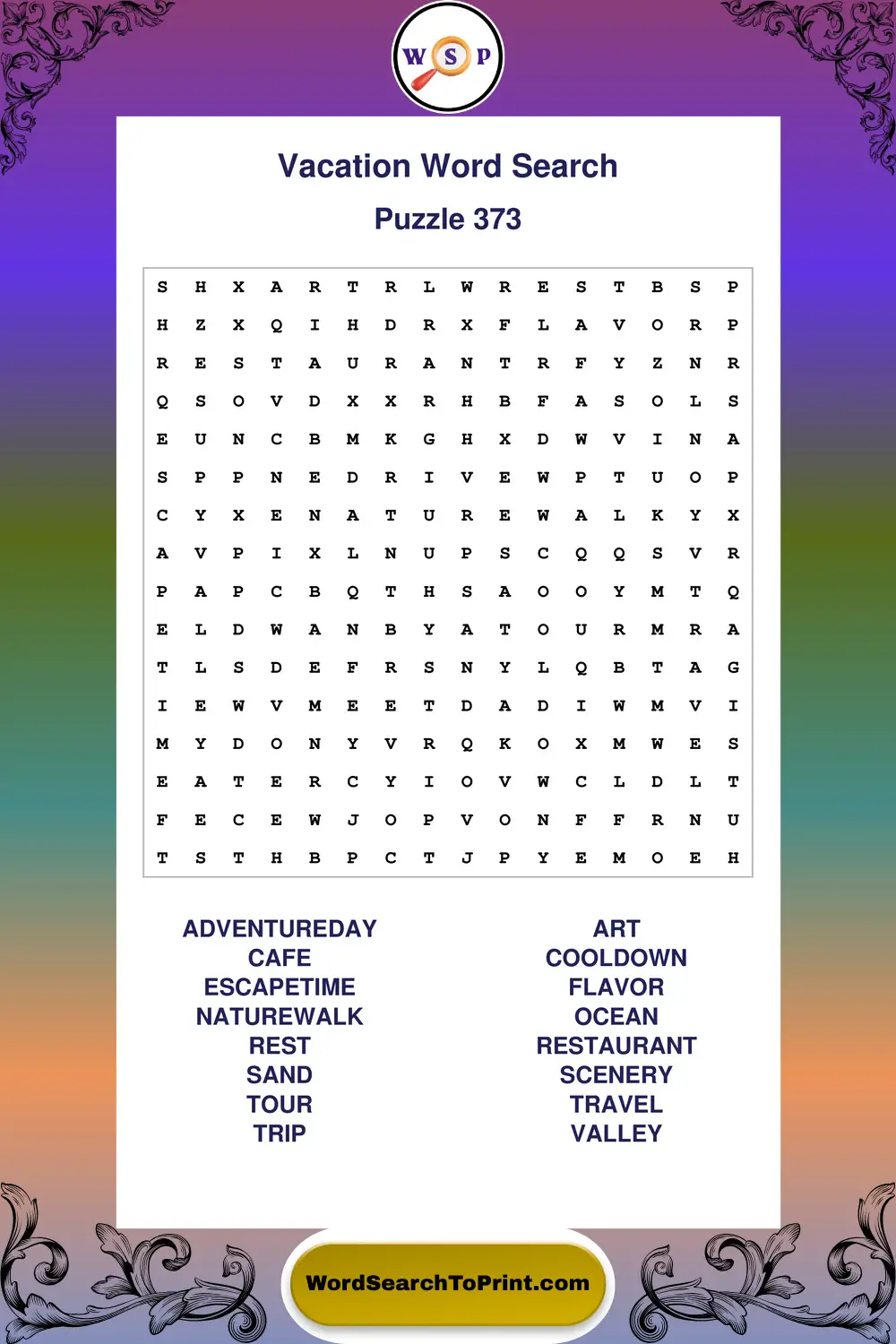 Vacation Word Search Puzzle 373