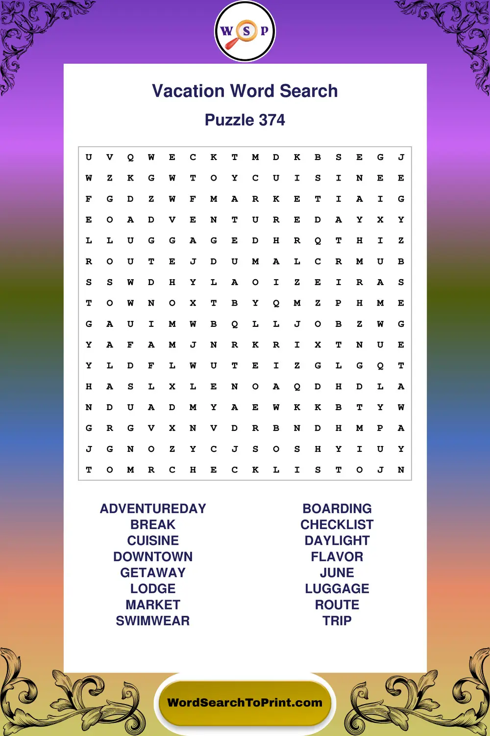 Vacation Word Search Puzzle 374