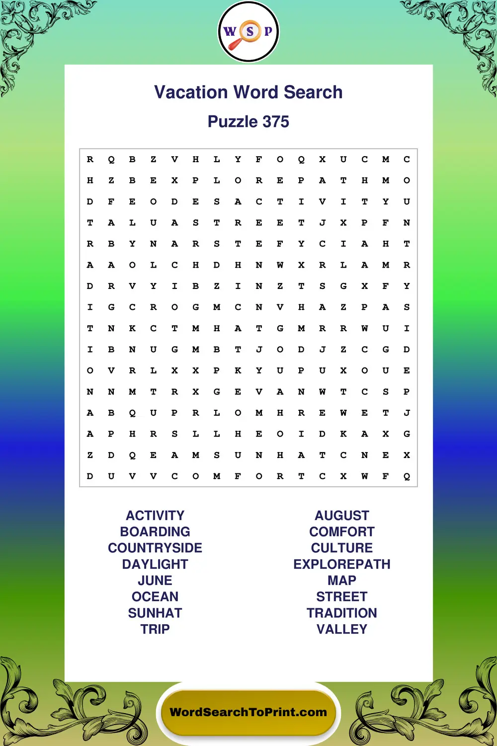 Vacation Word Search Puzzle 375