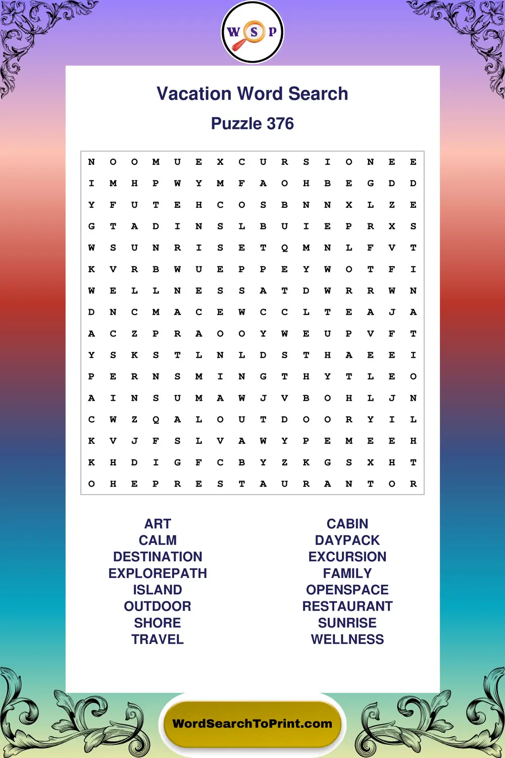 Vacation Word Search Puzzle 376