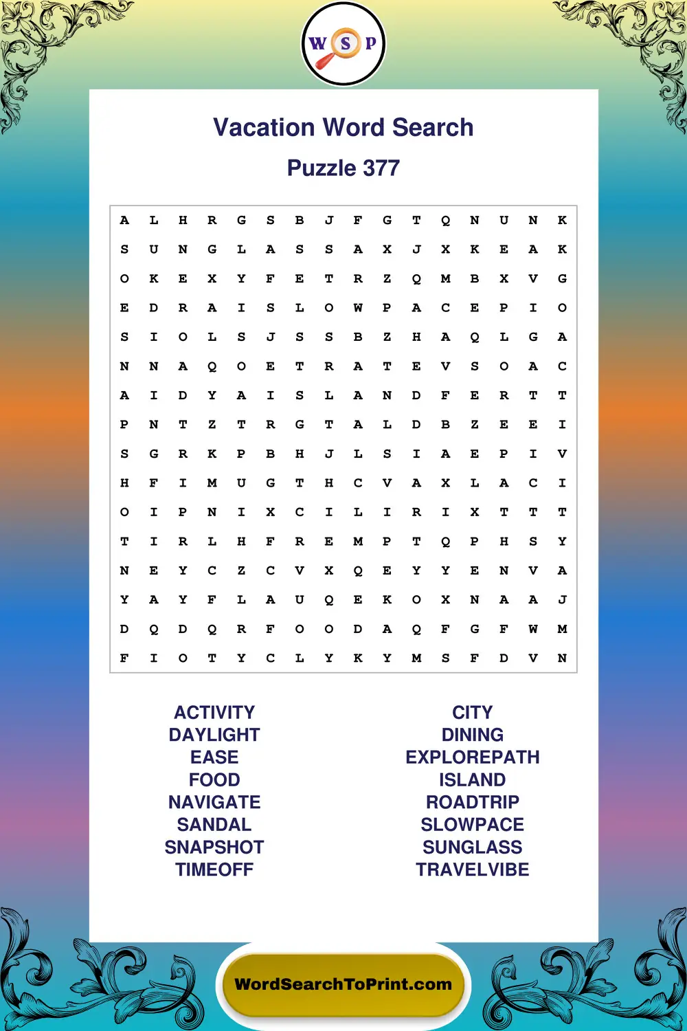 Vacation Word Search Puzzle 377
