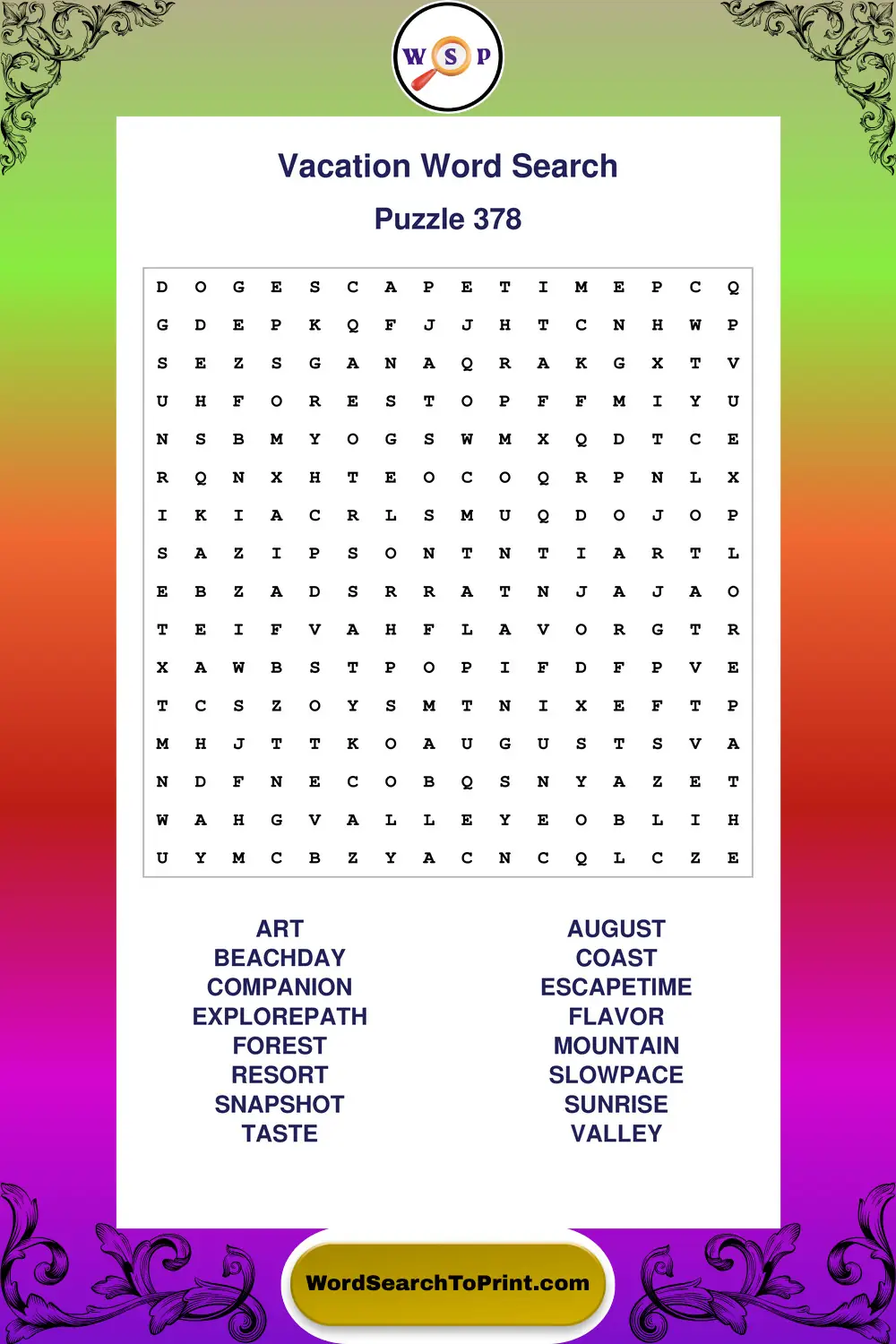 Vacation Word Search Puzzle 378
