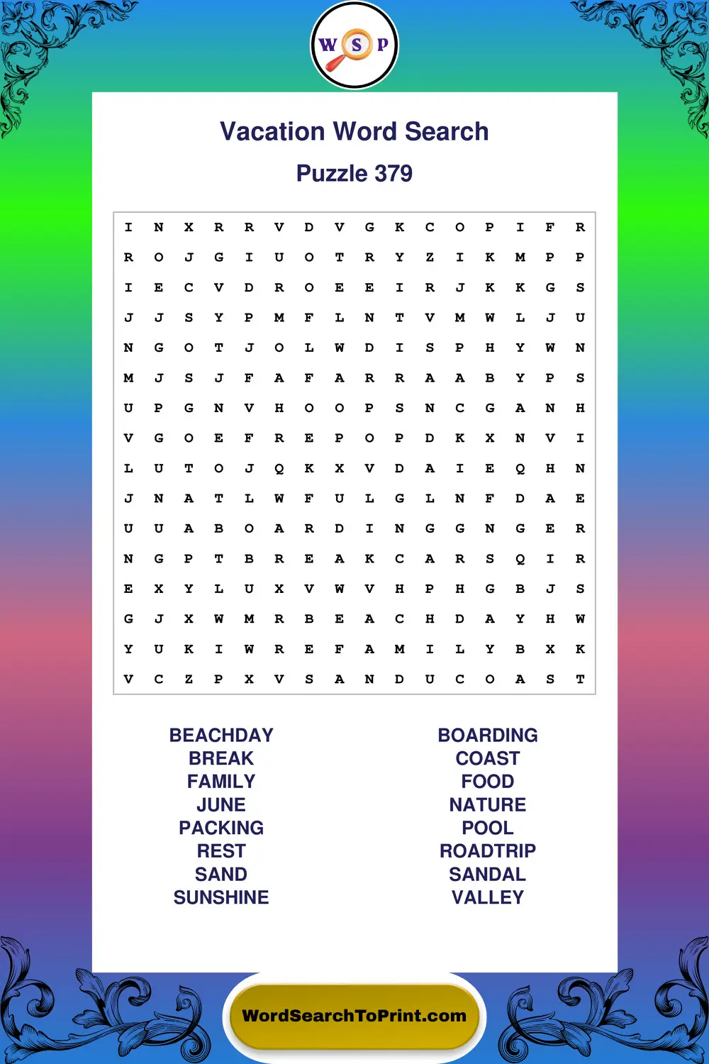 Vacation Word Search Puzzle 379
