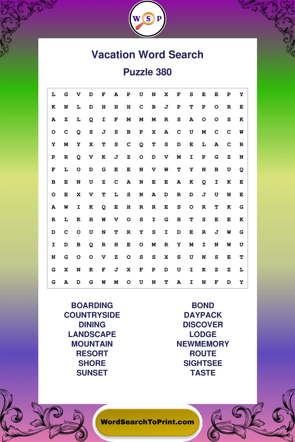 Vacation Word Search Puzzle 380