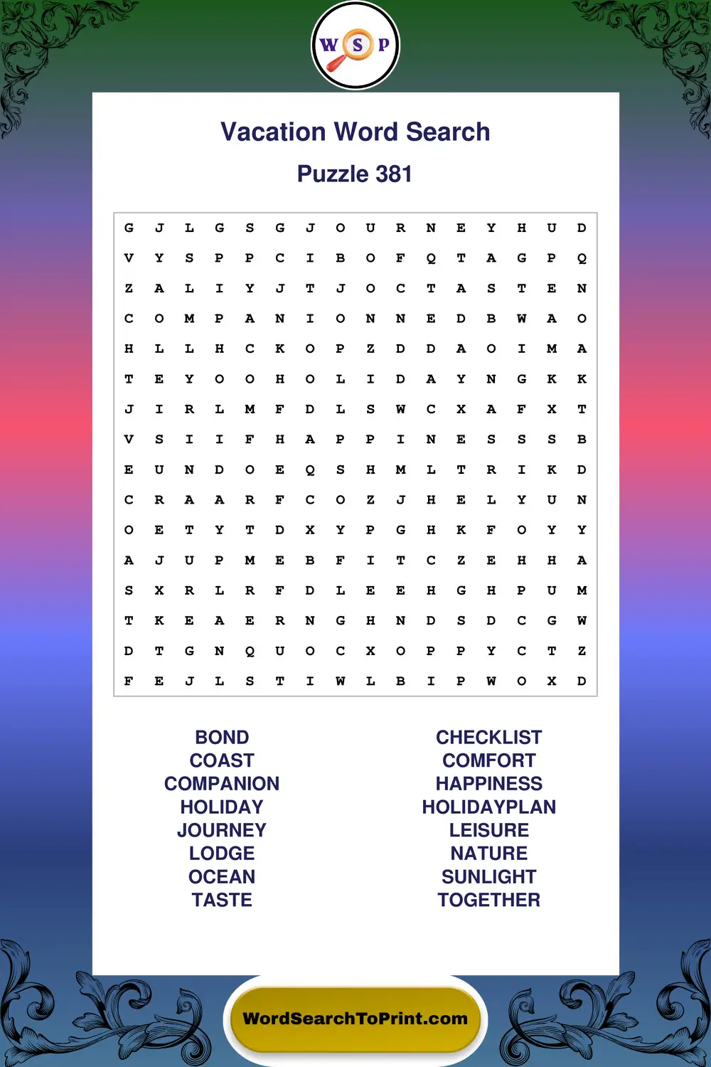 Vacation Word Search Puzzle 381
