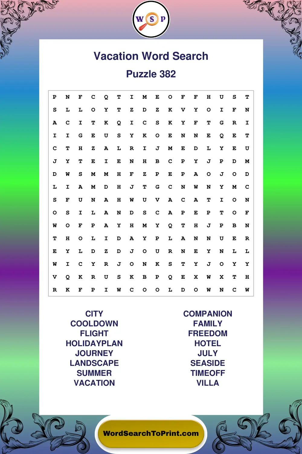 Vacation Word Search Puzzle 382
