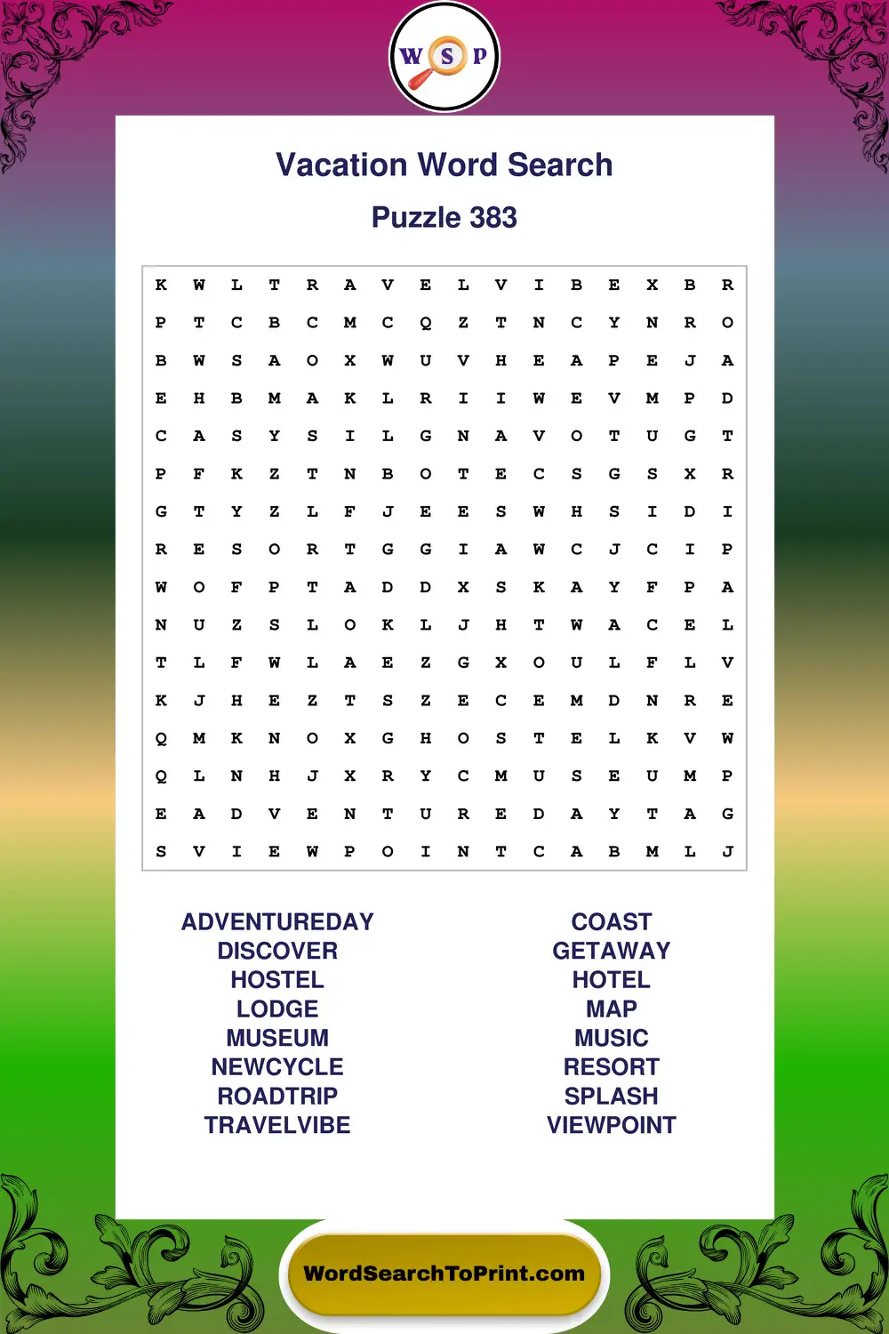 Vacation Word Search Puzzle 383