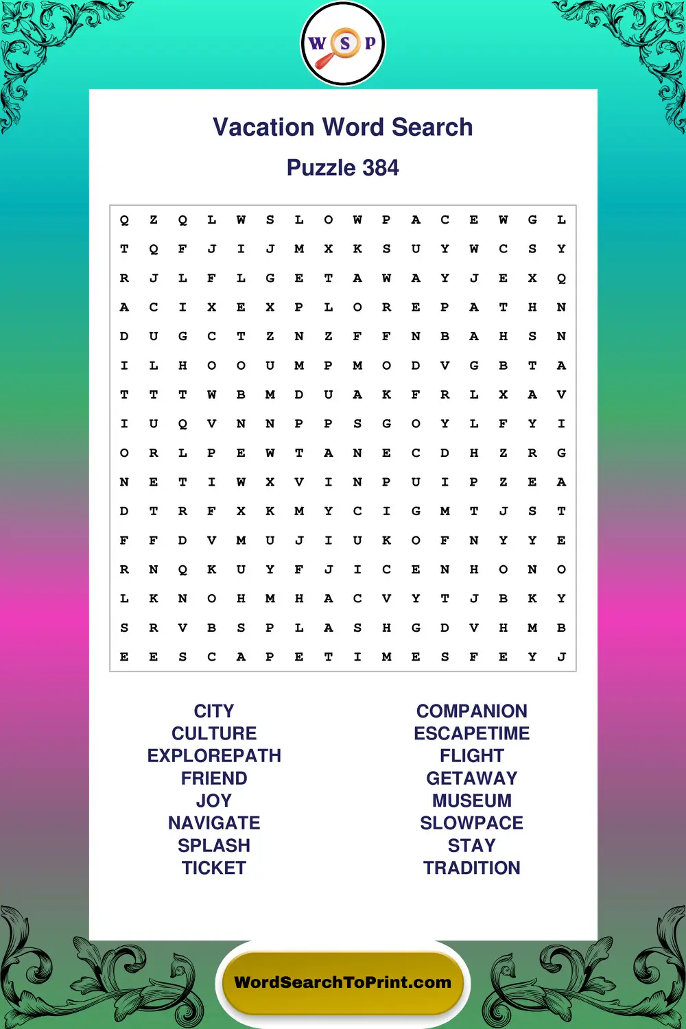 Vacation Word Search Puzzle 384