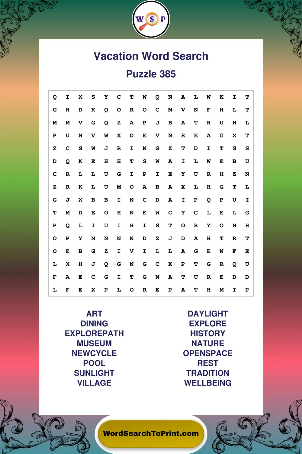 Vacation Word Search Puzzle 385