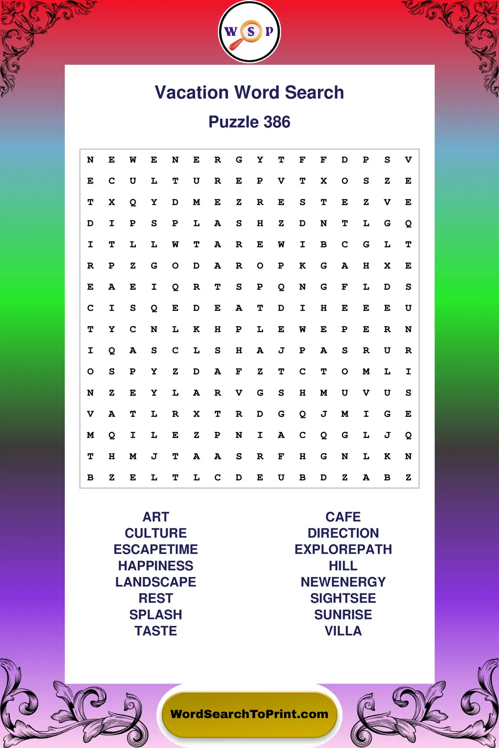 Vacation Word Search Puzzle 386
