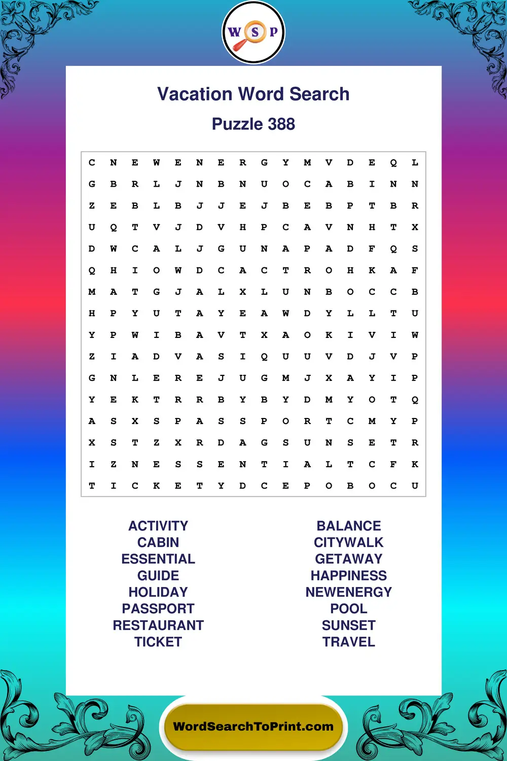 Vacation Word Search Puzzle 388