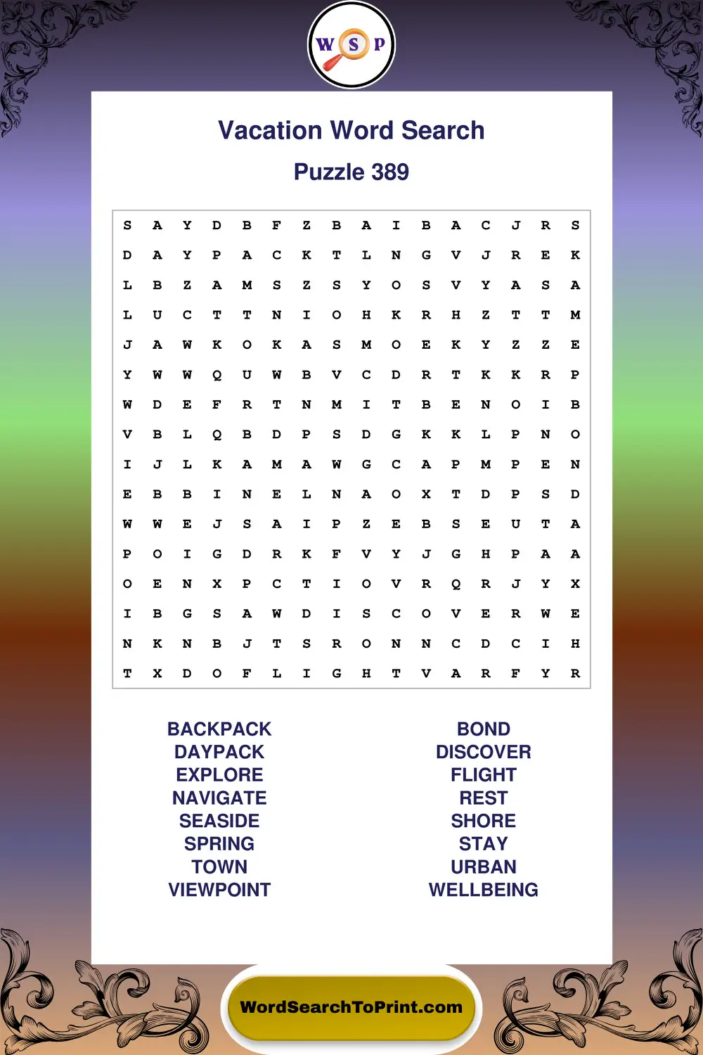 Vacation Word Search Puzzle 389
