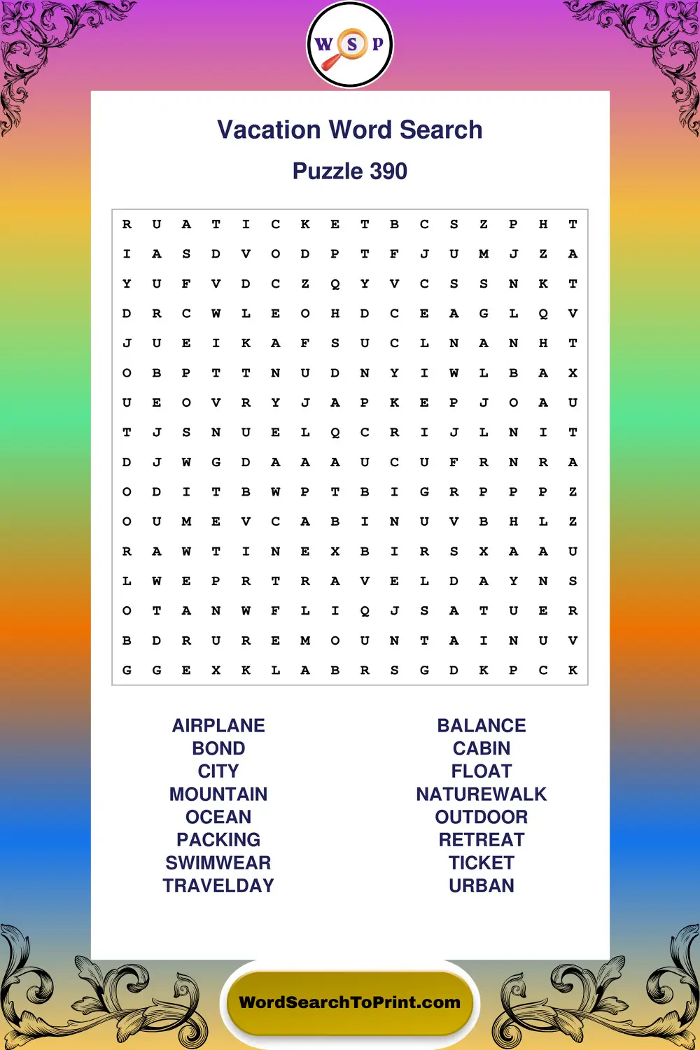 Vacation Word Search Puzzle 390