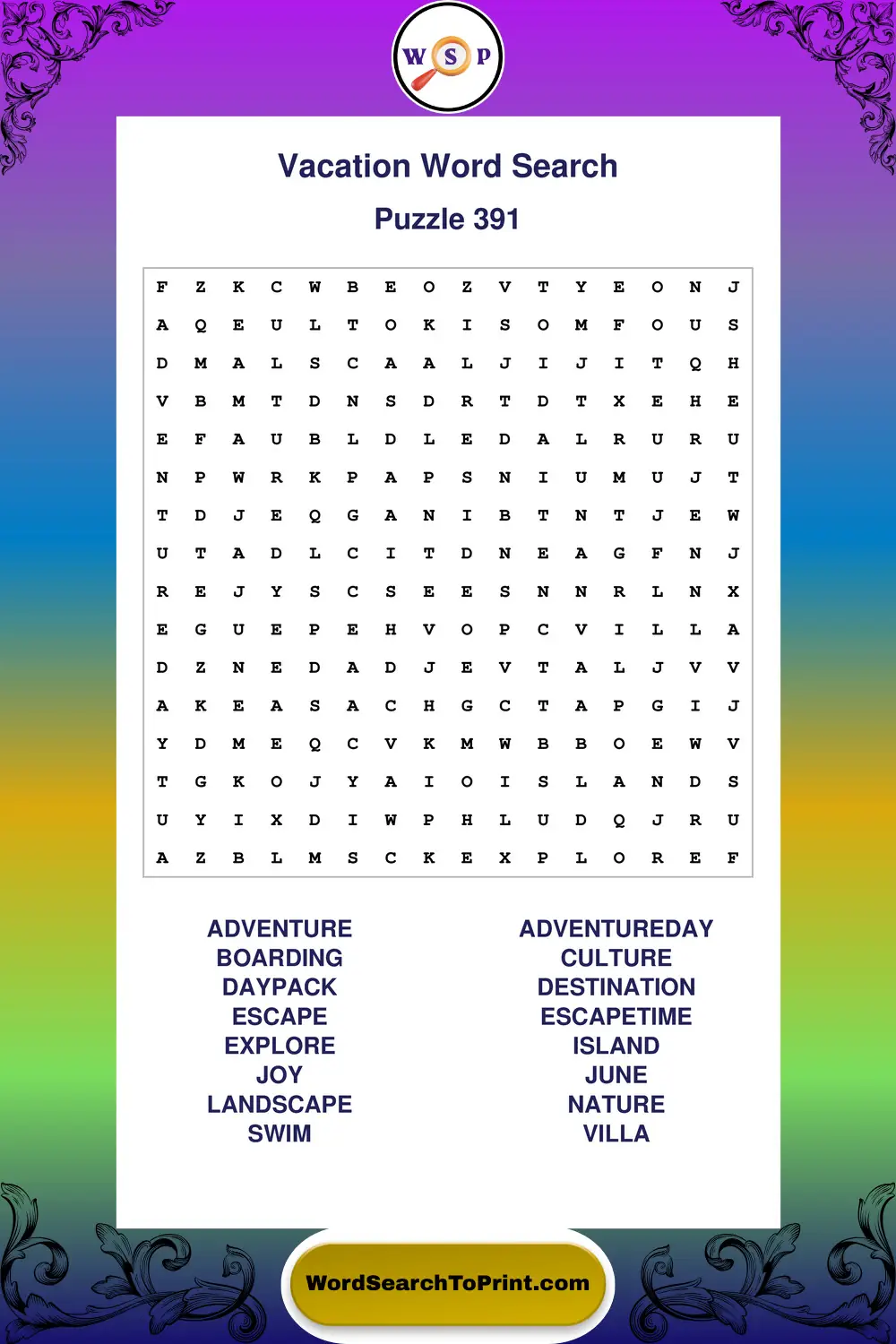 Vacation Word Search Puzzle 391