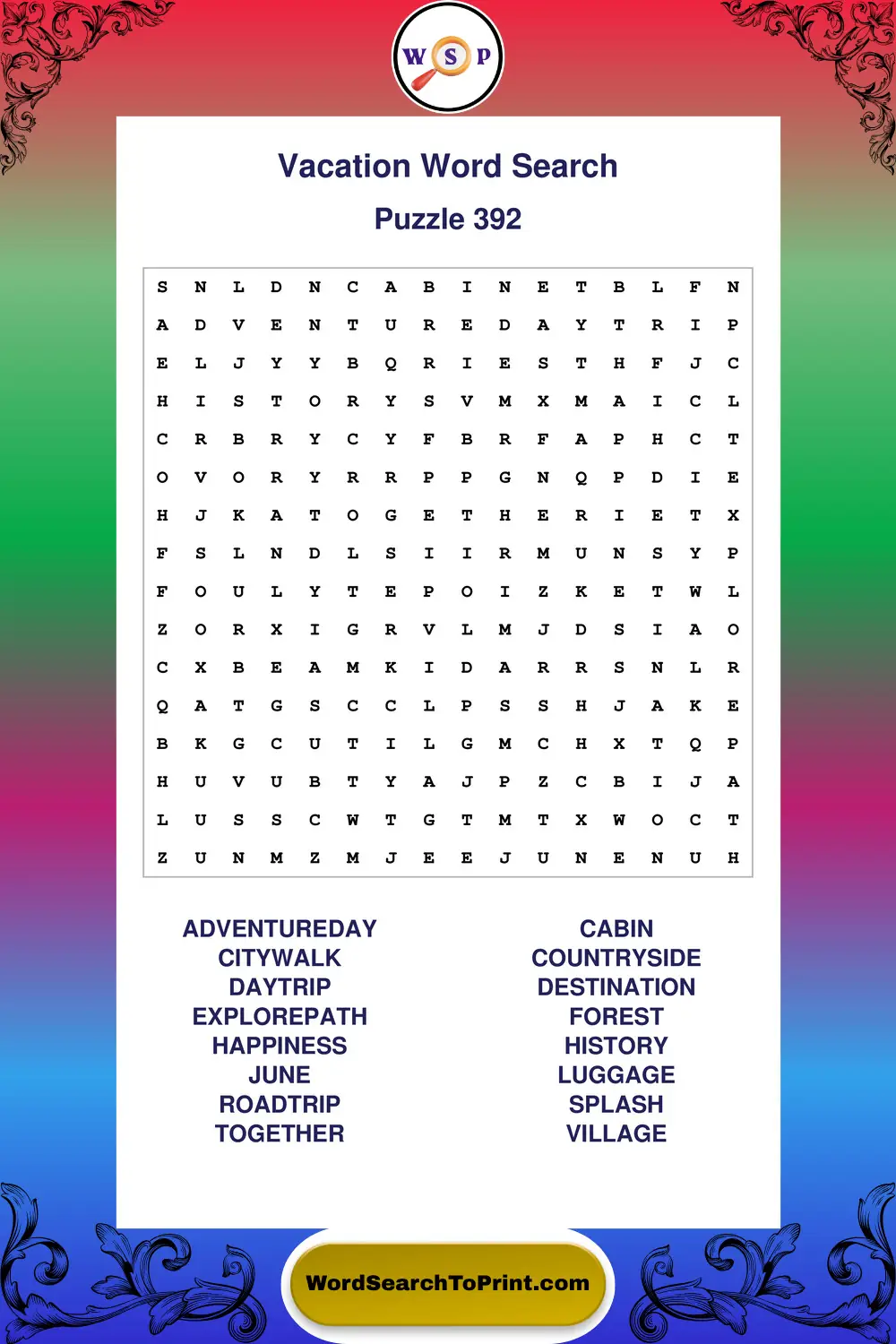 Vacation Word Search Puzzle 392
