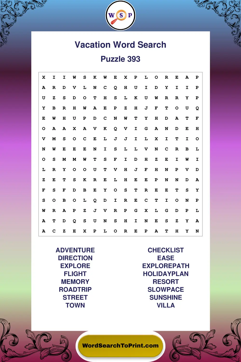Vacation Word Search Puzzle 393