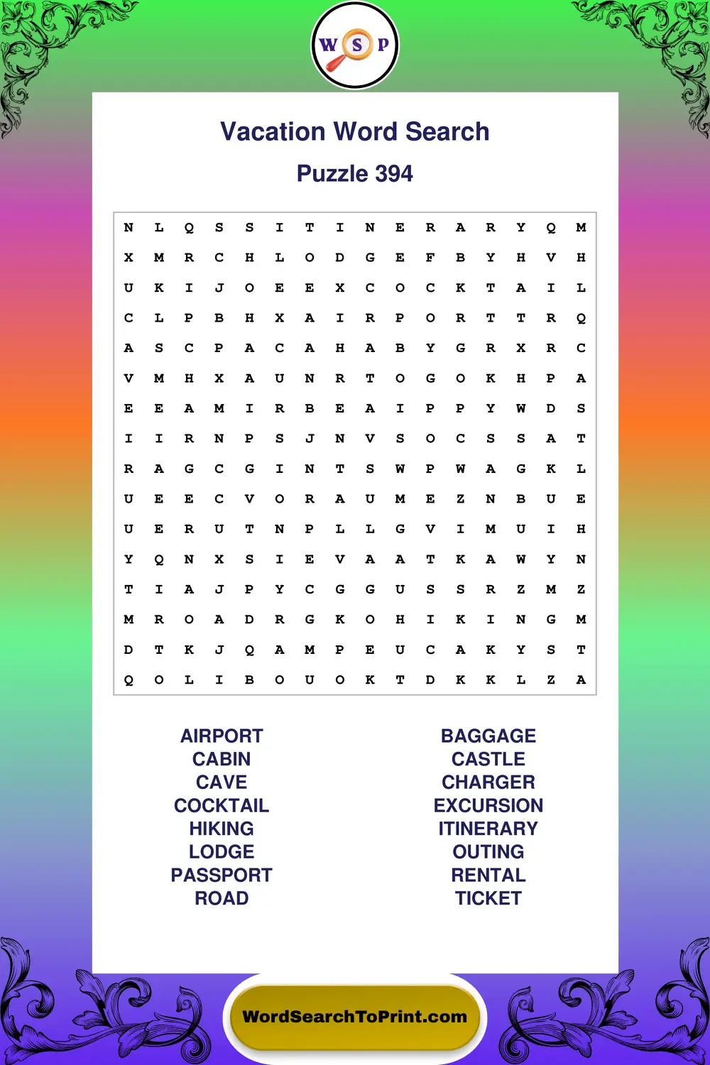 Vacation Word Search Puzzle 394