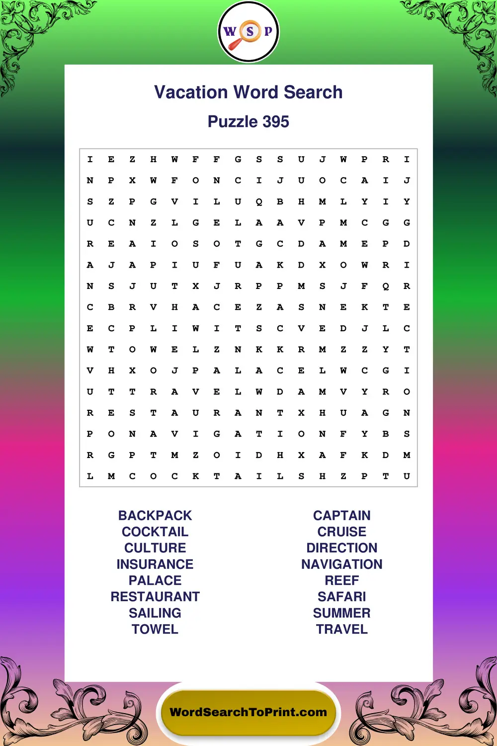 Vacation Word Search Puzzle 395
