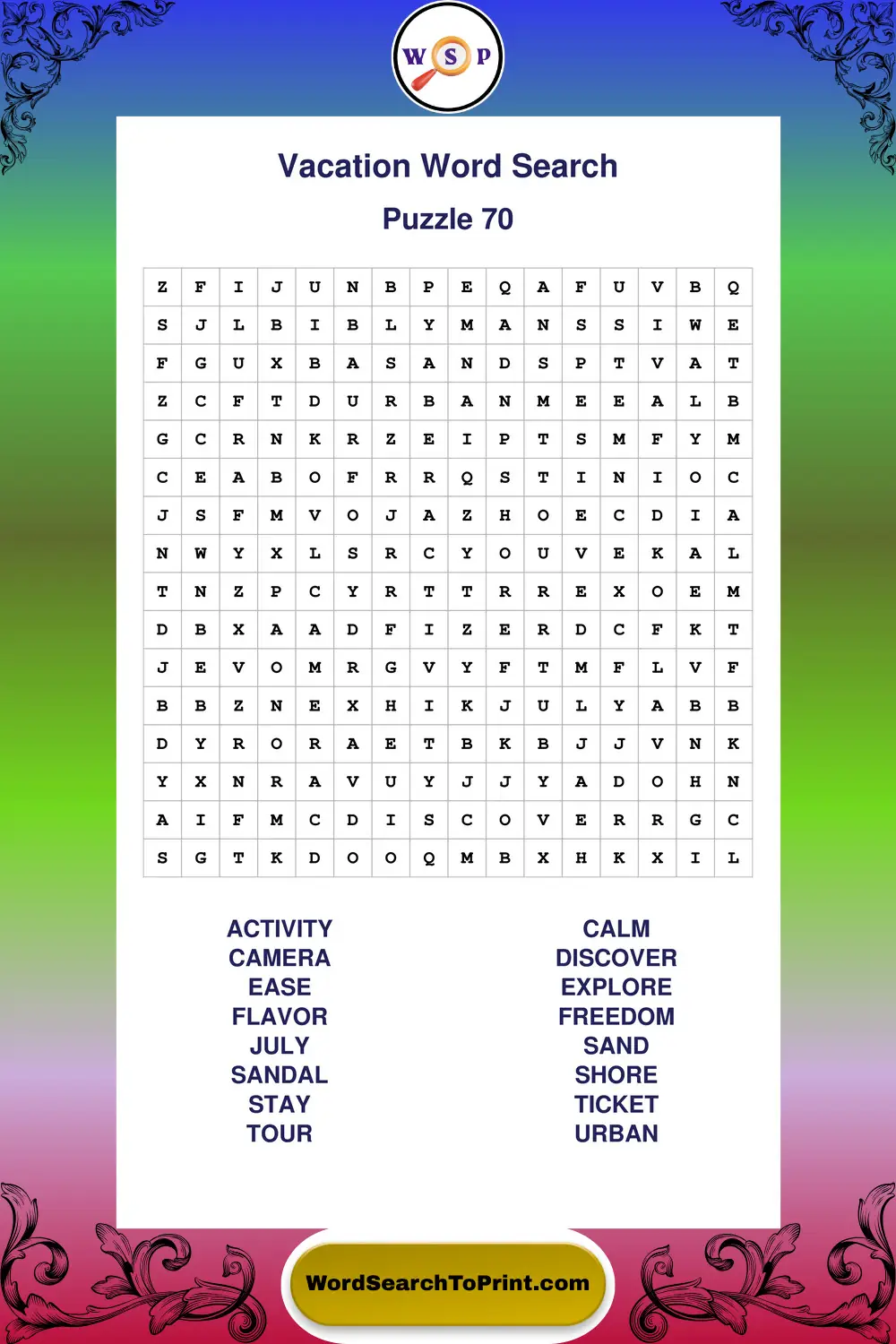 Vacation Word Search Puzzle 70