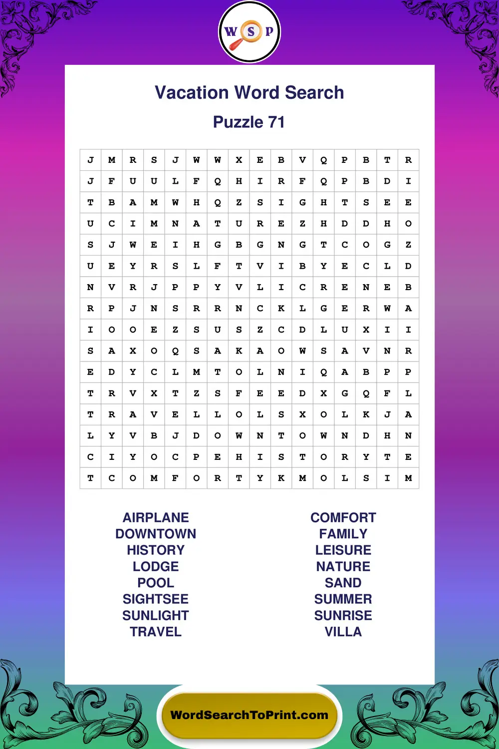 Vacation Word Search Puzzle 71