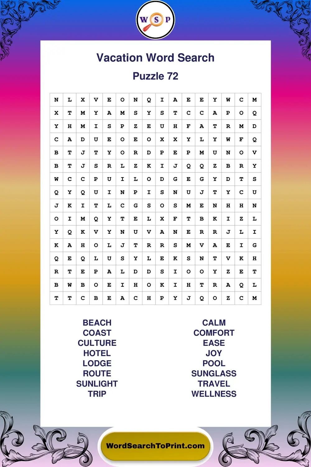 Vacation Word Search Puzzle 72
