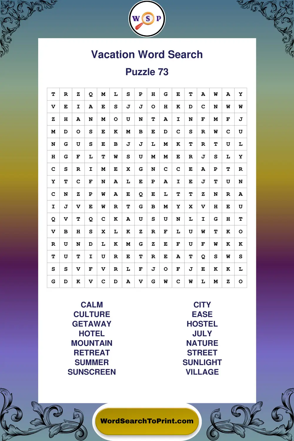 Vacation Word Search Puzzle 73
