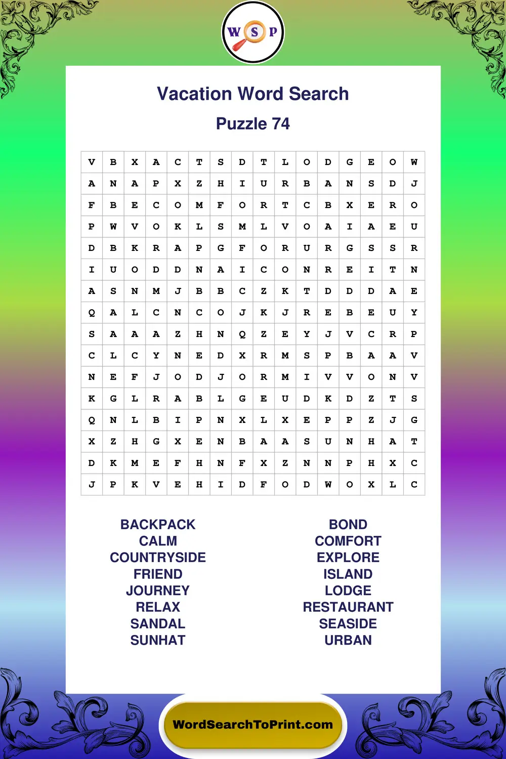 Vacation Word Search Puzzle 74