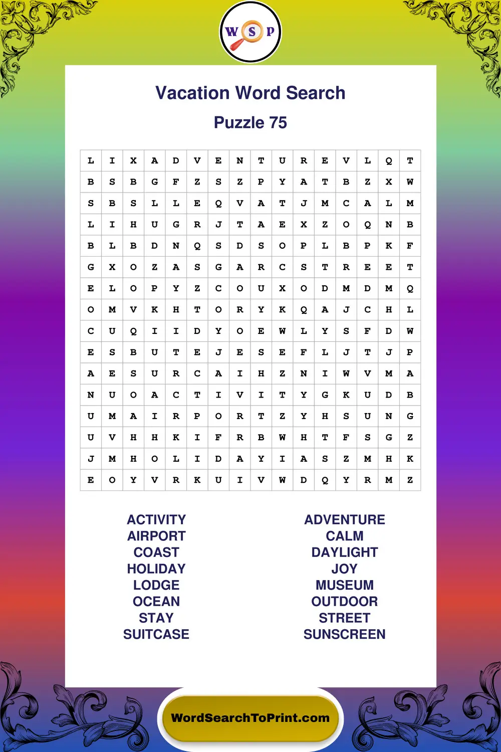 Vacation Word Search Puzzle 75