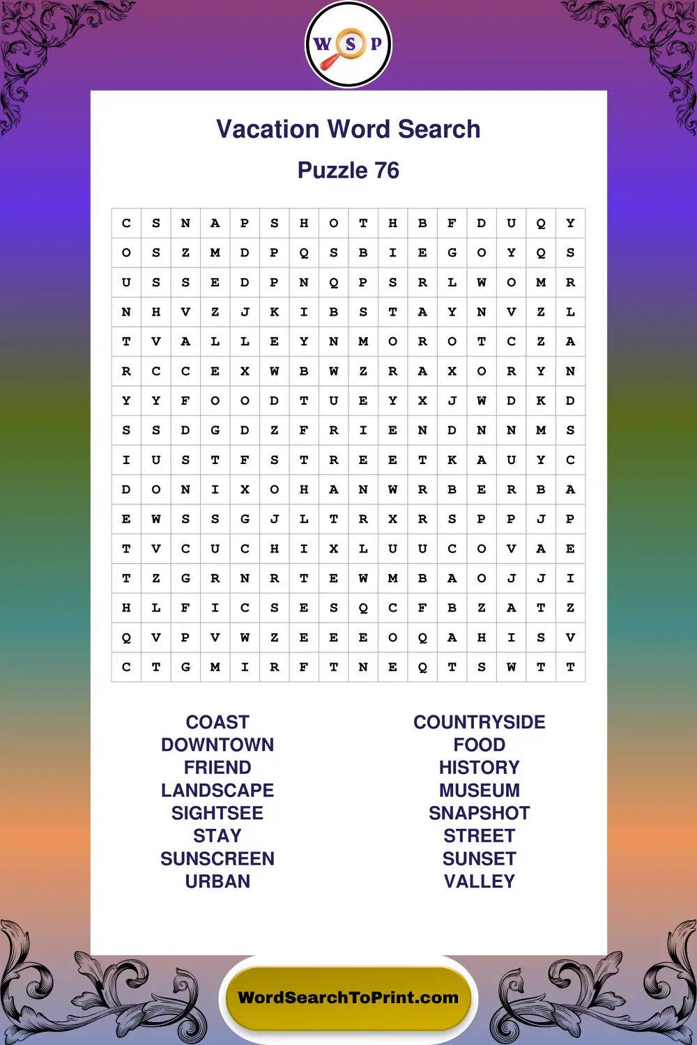 Vacation Word Search Puzzle 76