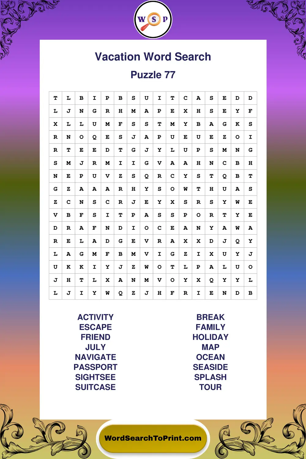 Vacation Word Search Puzzle 77