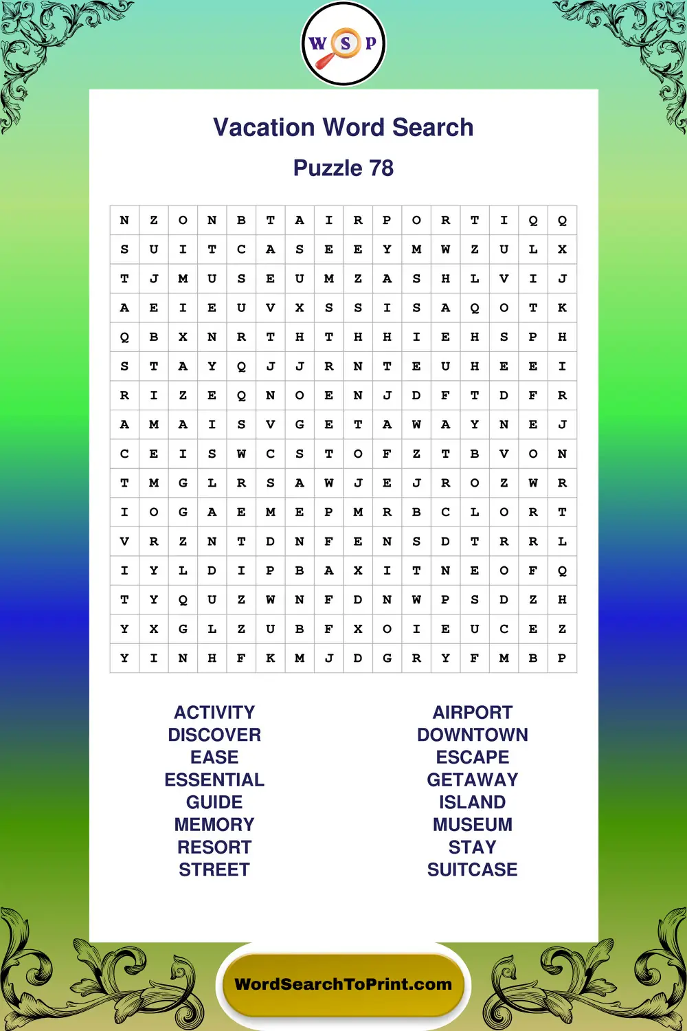 Vacation Word Search Puzzle 78