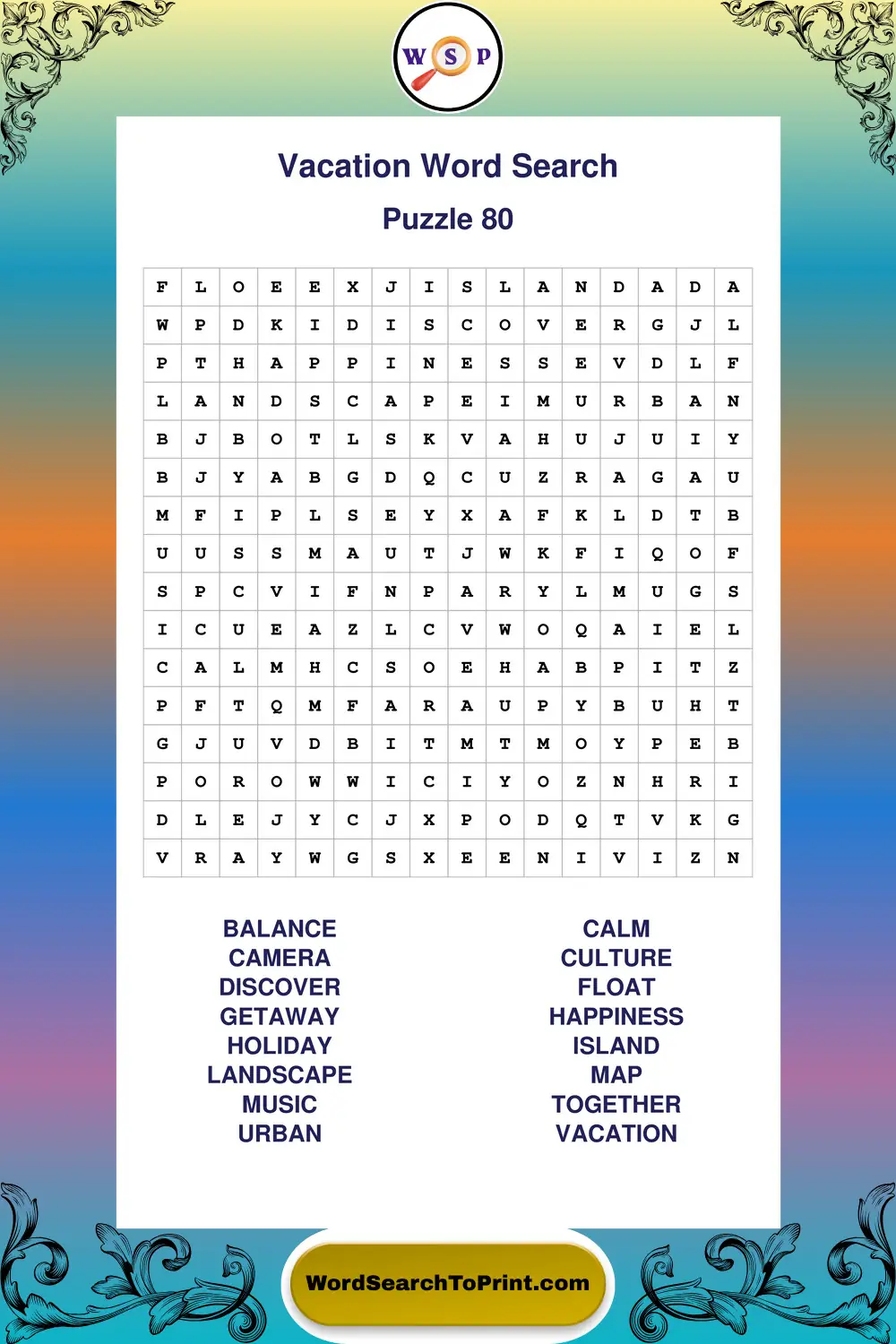 Vacation Word Search Puzzle 80