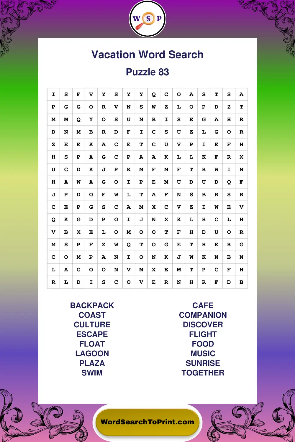 Vacation Word Search Puzzle 83