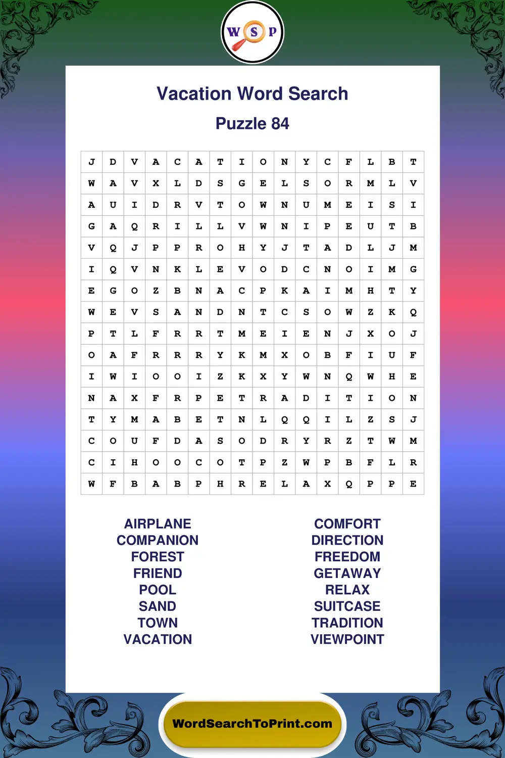 Vacation Word Search Puzzle 84