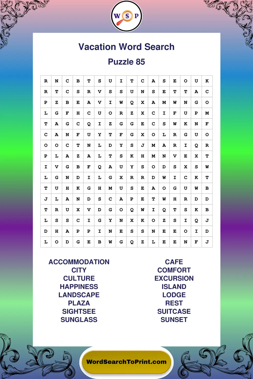 Vacation Word Search Puzzle 85