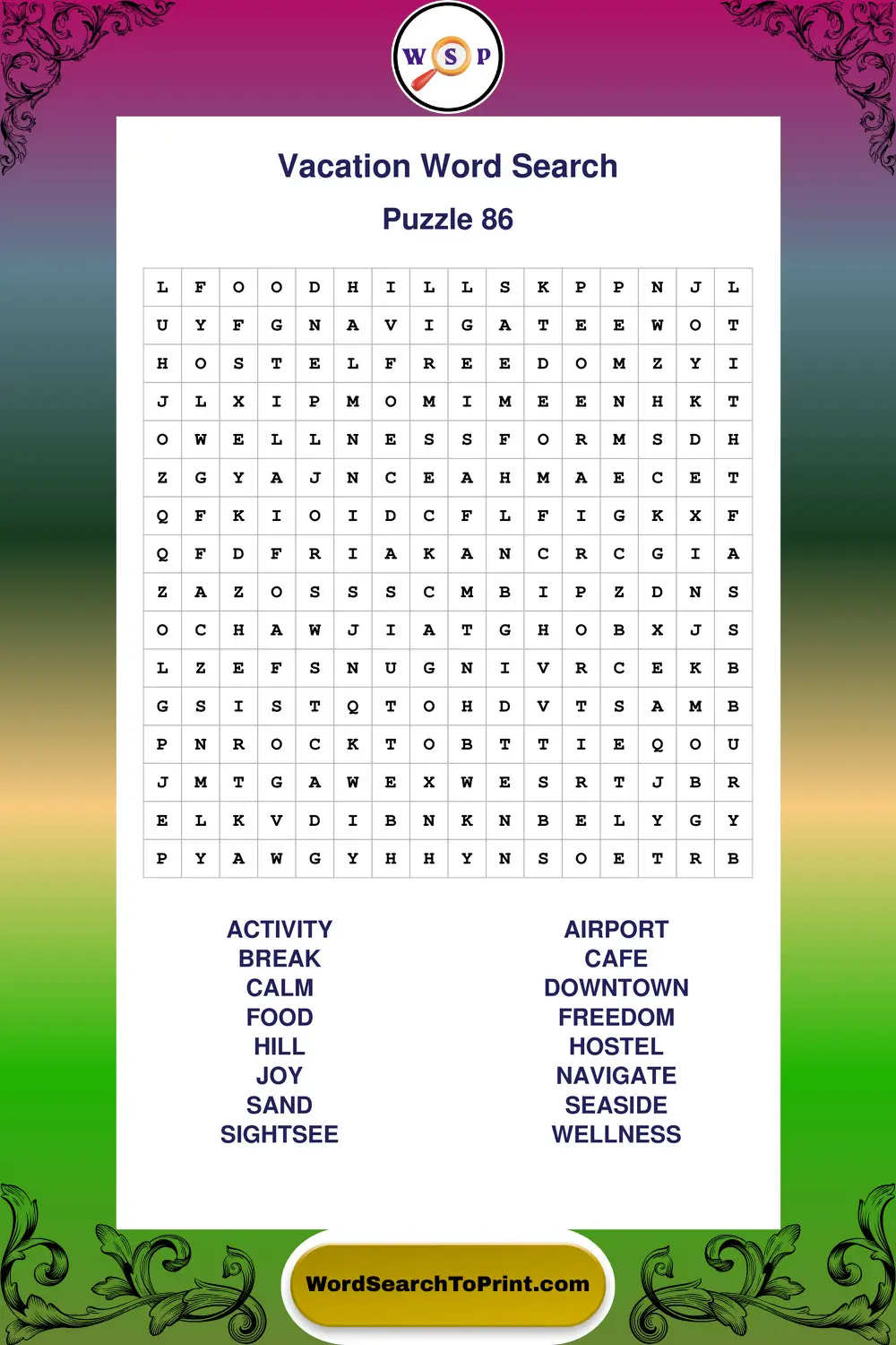 Vacation Word Search Puzzle 86