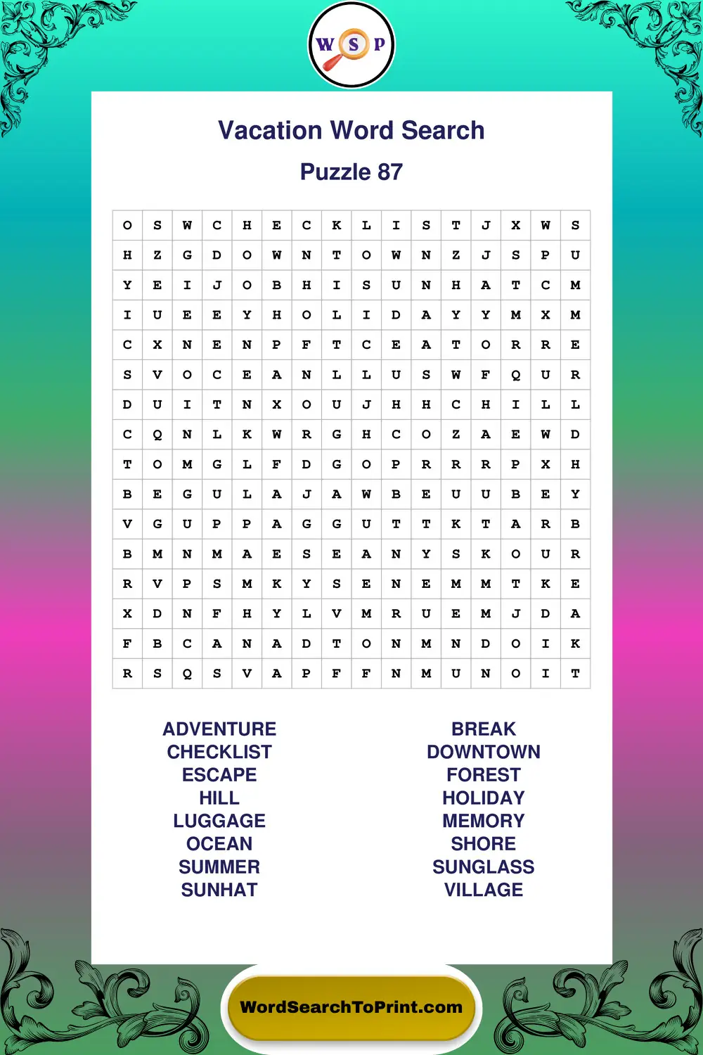 Vacation Word Search Puzzle 87