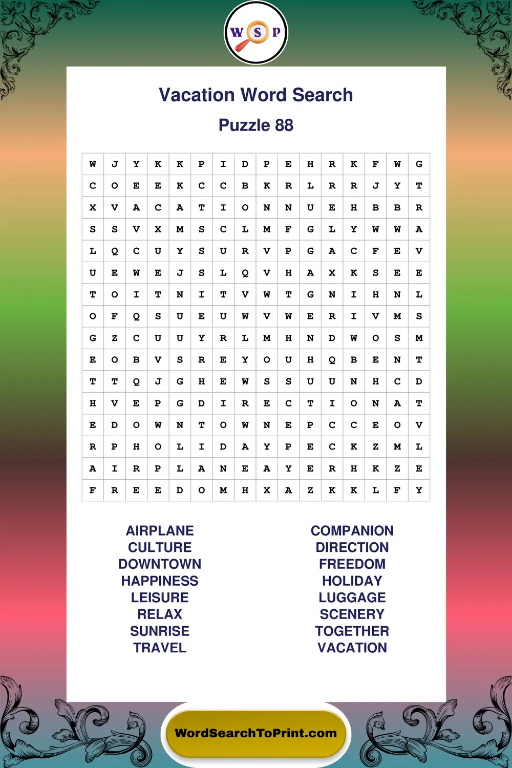 Vacation Word Search Puzzle 88
