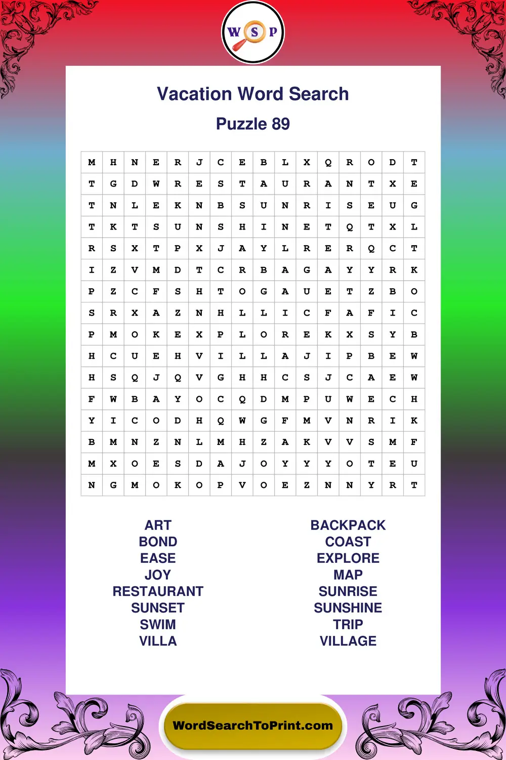 Vacation Word Search Puzzle 89