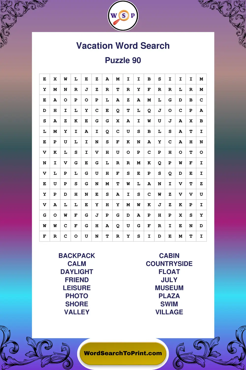 Vacation Word Search Puzzle 90