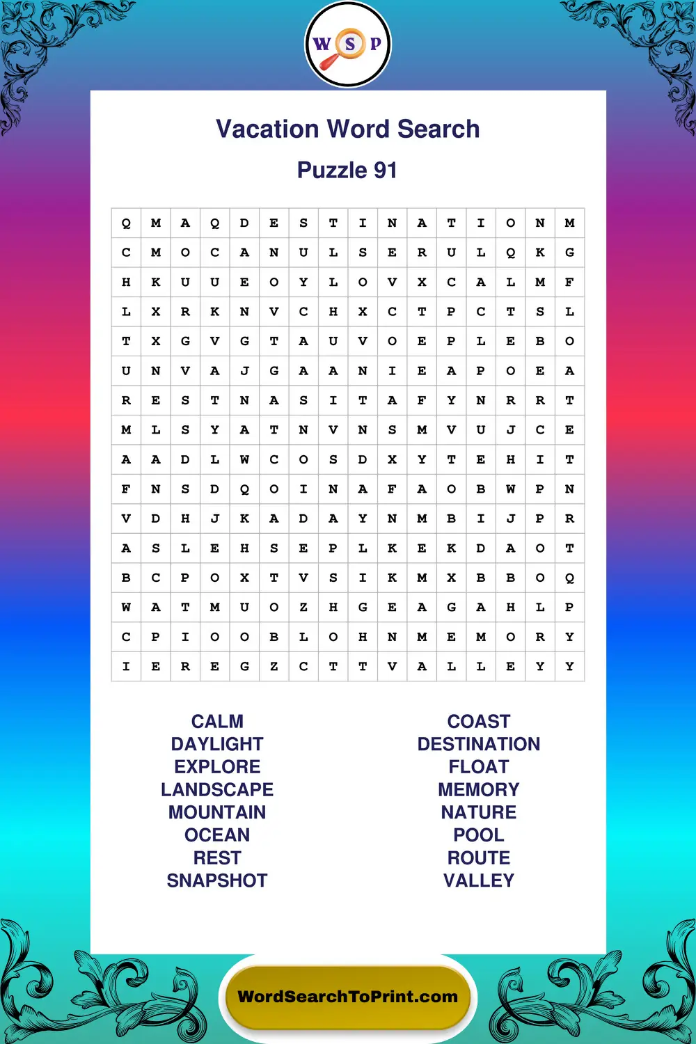 Vacation Word Search Puzzle 91