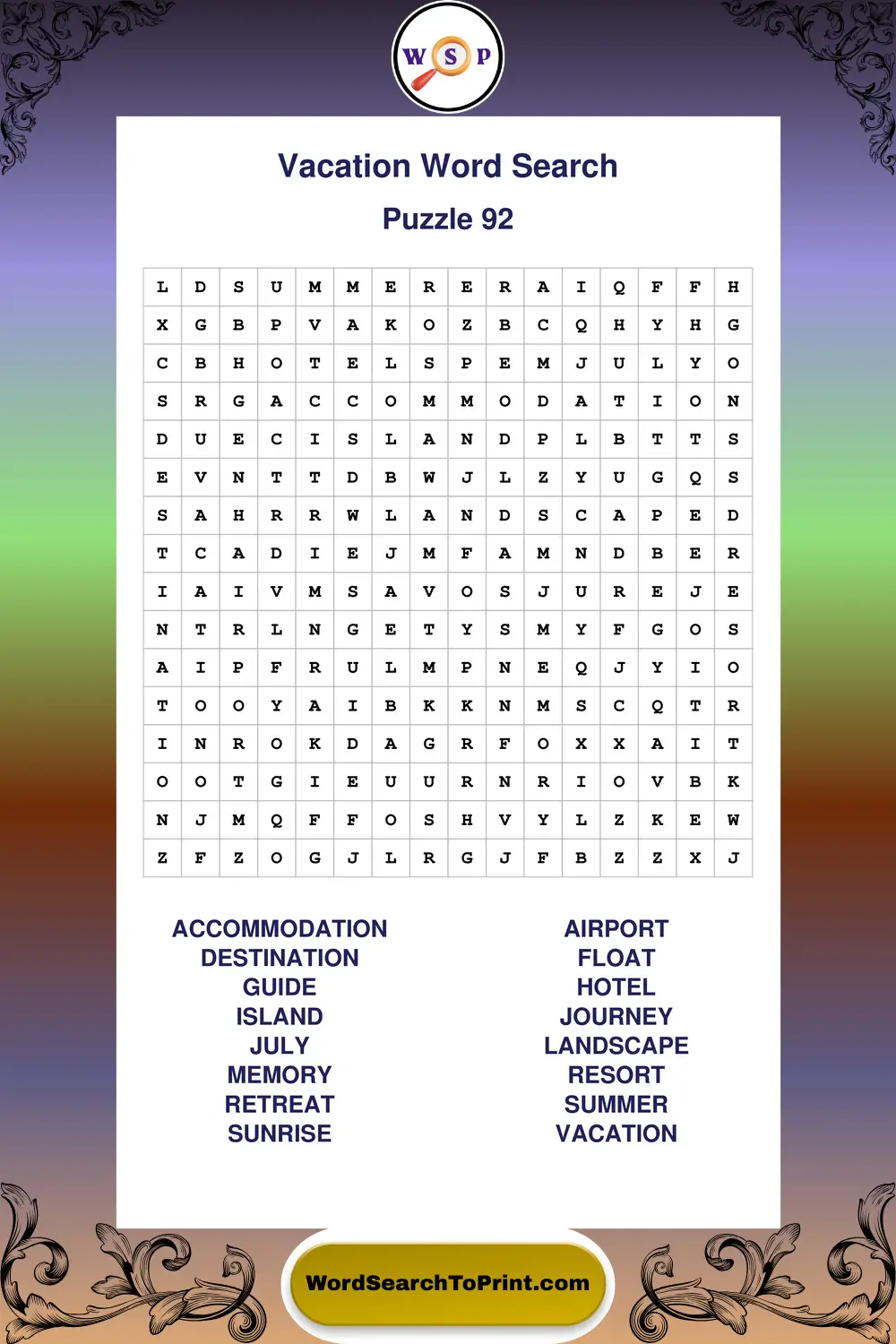 Vacation Word Search Puzzle 92