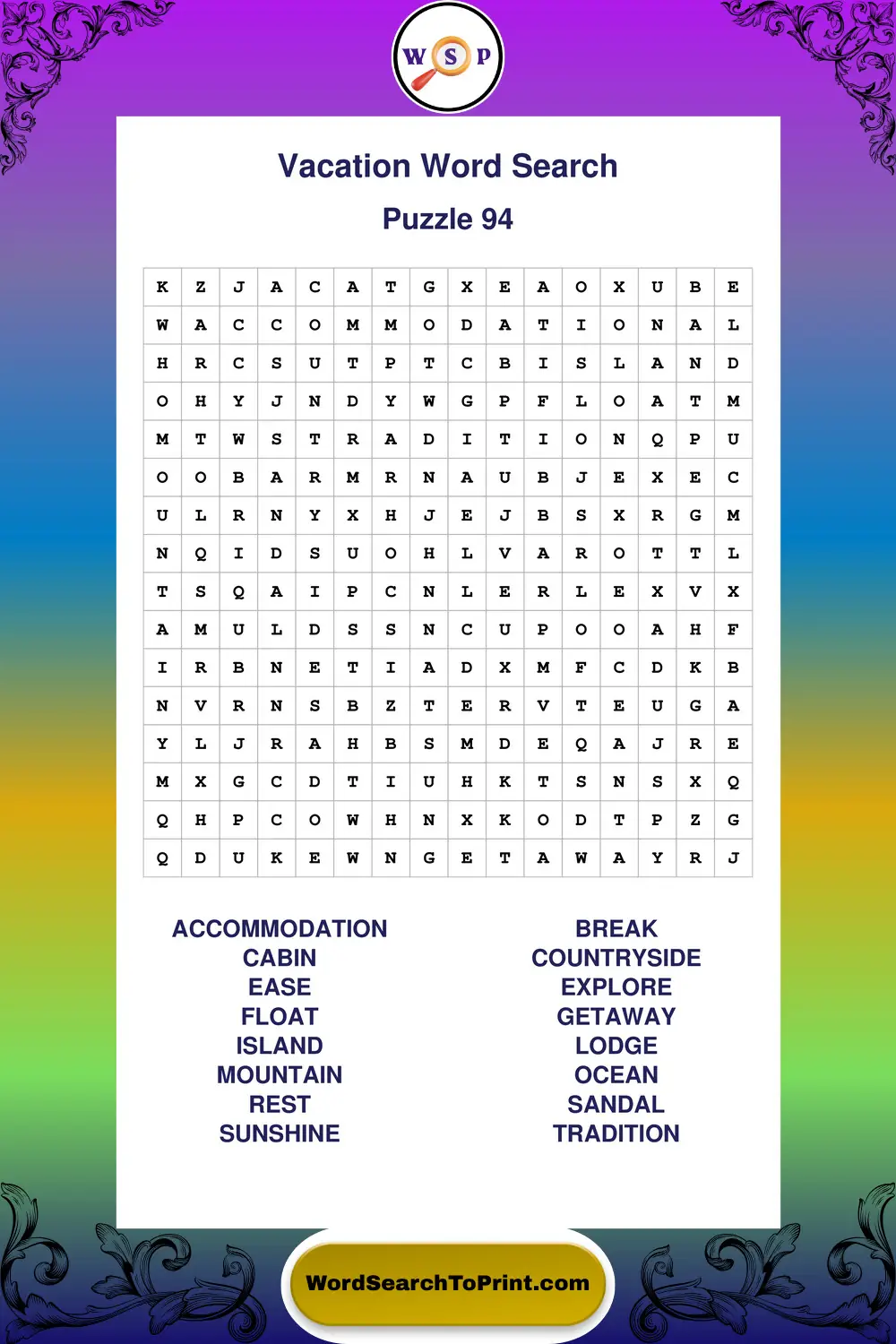 Vacation Word Search Puzzle 94
