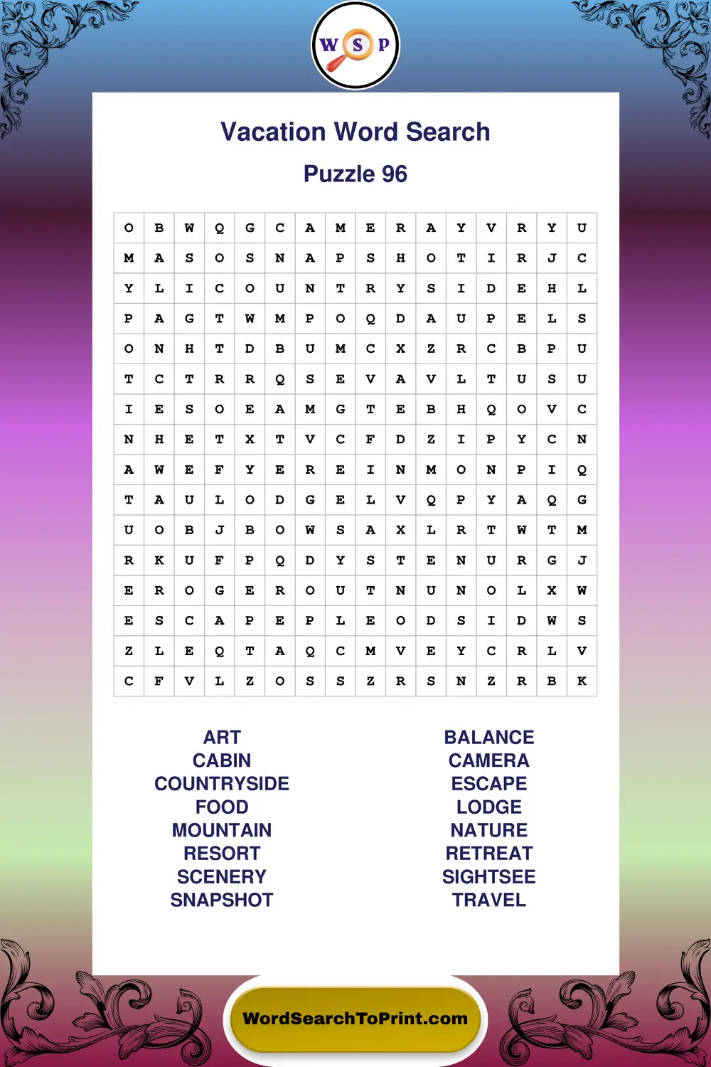 Vacation Word Search Puzzle 96