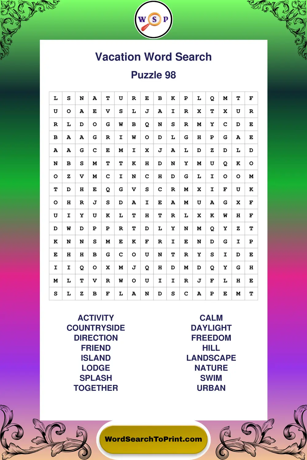 Vacation Word Search Puzzle 98