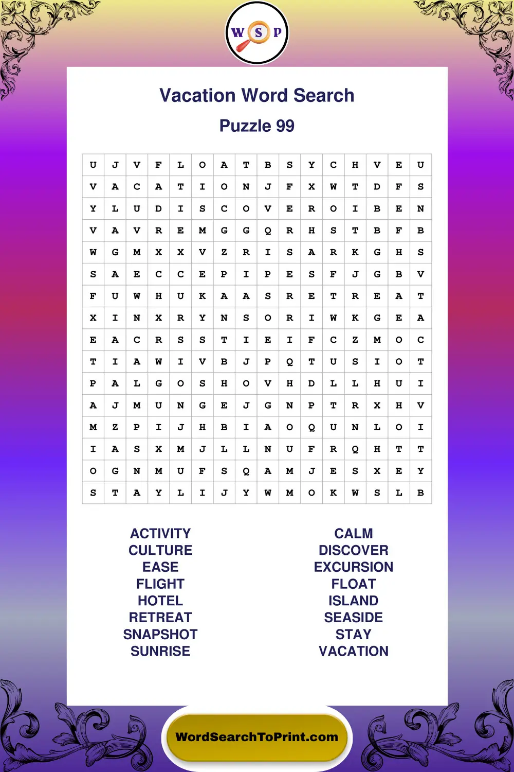 Vacation Word Search Puzzle 99